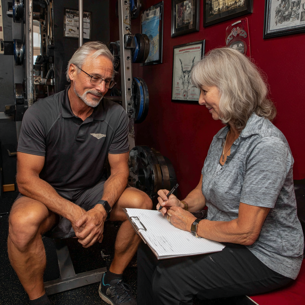 Чоловік 58 років та жінка 52 років беруть участь у груповому занятті з функціонального тренінгу, демонструючи радість від спільних тренувань