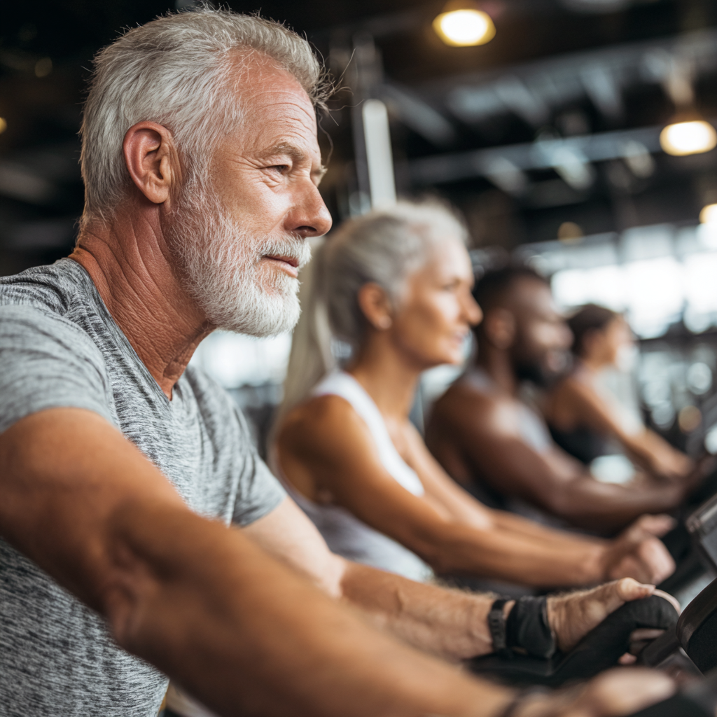 Група людей віком 50-60 років займається різними видами фітнес-тренувань у сучасному залі з професійним обладнанням