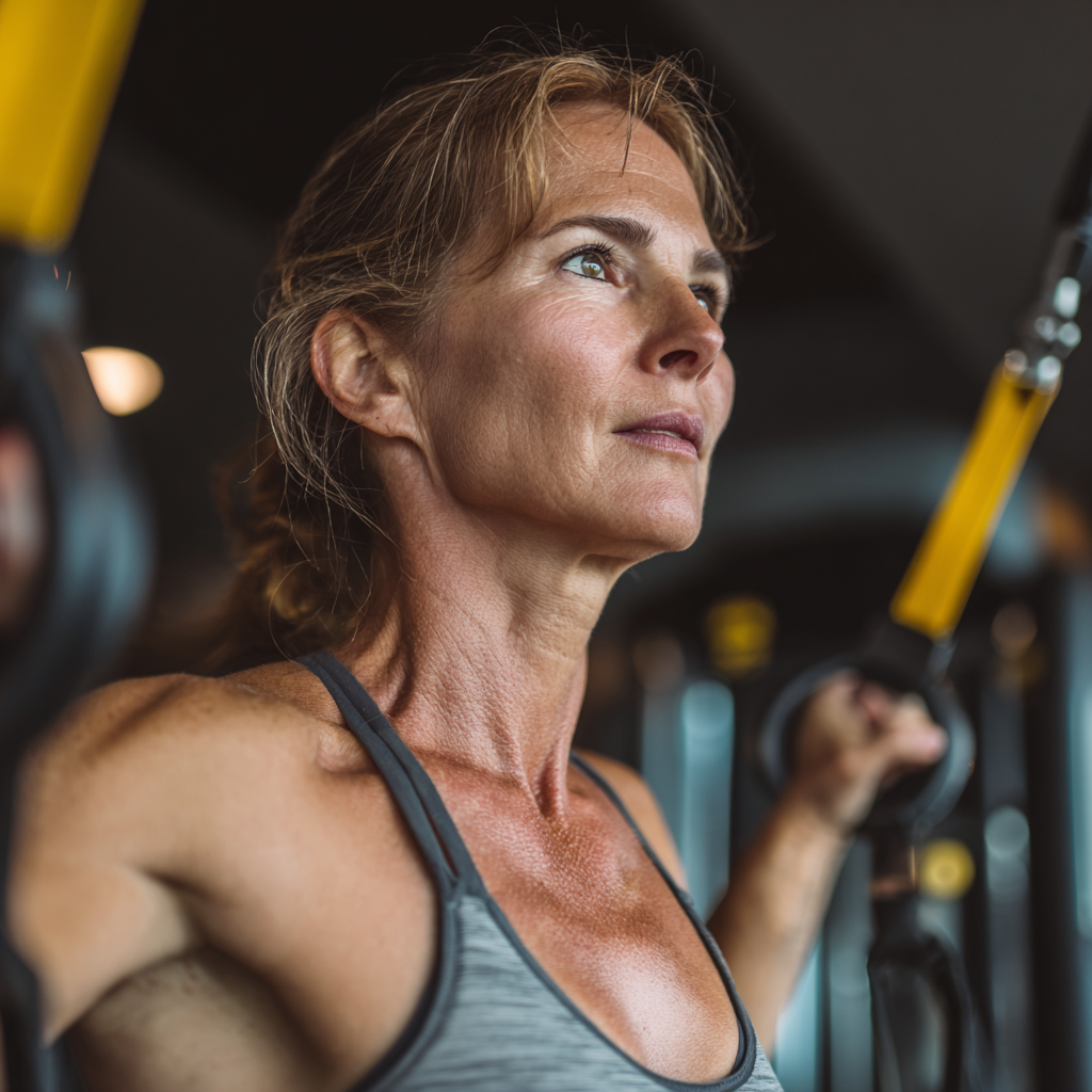 Енергійна жінка 55 років виконує функціональні вправи в сучасному фітнес-залі, демонструючи силу та витривалість